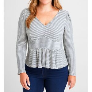 WHBM Size 14 Blue & White Striped V-Neck Peplum Long Sleeve Tie Back Blouse #V